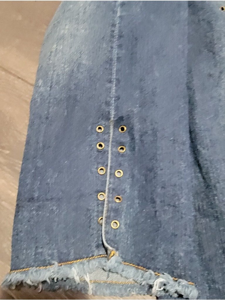Swak Denim Blue Jean Open Front Lace Up Accent Jacket Size 18 Fringed Hems Vtg — image 4 of 6